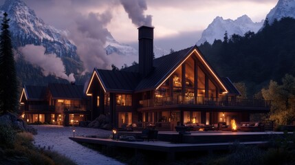 Poster - A luxurious, warmly lit chalet nestled in a mountainous twilight landscape, featuring a large A-frame window, glowing interior, and outdoor patio with a fire pit