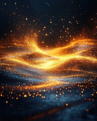 Canvas Print - ethereal golden light particles floating on dark blue surface creating a dreamlike abstract space wi