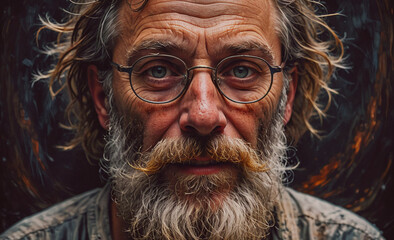 Poster - Man with a beard and glasses is staring at the camera. The image has a moody and somewhat mysterious feel to it