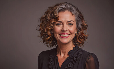 Poster - Woman with a short, curly hairstyle is smiling and wearing a black dress. She is wearing a pair of earrings and a necklace