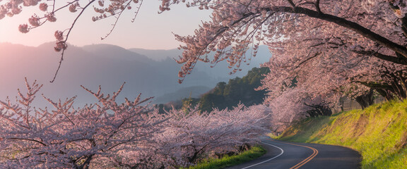 Poster - Scenic road curving through a landscape of blooming pink cherry trees at sunrise, creating a tranquil and picturesque atmosphere, symbolizing springtime renewal and beauty