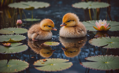 Poster - Two baby ducks are swimming in a pond with lily pads. The pond is calm and peaceful, and the ducks seem to be enjoying their time in the water