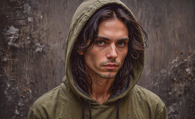 Poster - Man with long hair is wearing a green hoodie. He has a serious expression on his face