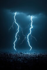 Wall Mural - Dramatic lightning strikes illuminate a dark rainy night over a textured surface creating a powerful scene