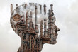 © Steven - Silhouette of a human head filled with industrial elements symbolizing the connection between humanity and industry amidst a smoky, atmospheric backdrop.