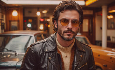 Poster - Man wearing a leather jacket and sunglasses is standing in front of a yellow car. The scene has a vintage feel to it, with the man's attire and the car's color. Scene is casual and relaxed