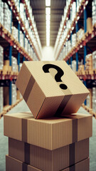 Poster - Cardboard boxes with a large question mark, in a warehouse setting, representing uncertainty or questions about inventory, logistics, or supply chain management