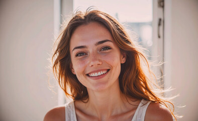 Poster - Woman with long red hair is smiling and looking at the camera. She is wearing a white tank top and has a bright, happy expression on her face