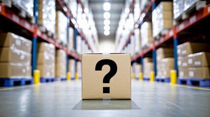 Poster - Cardboard box with a large question mark in a warehouse setting, showcasing uncertainty or unknowns in logistics or supply chain management