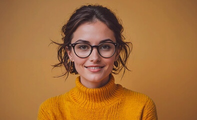 Poster - Woman wearing glasses and a yellow sweater. She is smiling and looking at the camera. Concept of warmth and friendliness