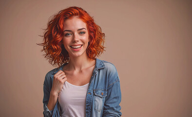 Poster - Woman with red hair is smiling and wearing a blue jacket. She is posing for a picture