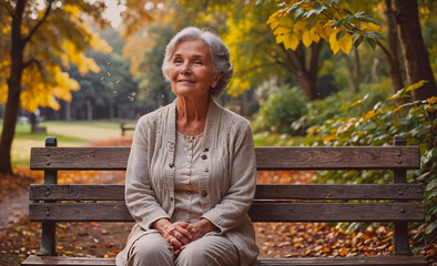 Aufkleber - Woman is sitting on a bench in a park. She is smiling and looking at the camera. The scene is peaceful and serene, with the woman enjoying the outdoors