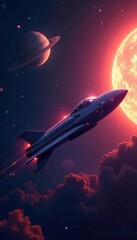 spaceship flying near ringed planet in outer space, deep space, universe