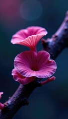 Wall Mural - Fungal growth in cherry branch under purple light, mycology, branch