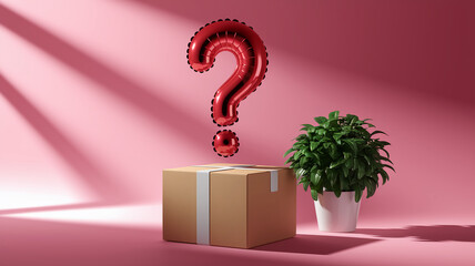 Poster - Pink background, cardboard box, red large question mark balloon, potted plant, representing mystery, surprise, or anticipation, ideal for advertising or announcements