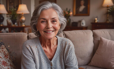 Poster - Woman is sitting on a couch and smiling. She is wearing a gray sweater and has a necklace around her neck