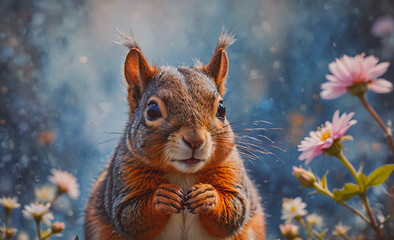 Poster - Squirrel is standing in front of a field of pink flowers. The squirrel is looking at the camera with a curious expression. The scene is peaceful and serene, with the bright pink flowers providing a