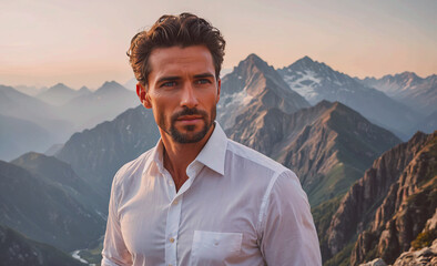 Poster - Man in a white shirt stands on a mountain top, looking out at the beautiful scenery. The mountains in the background are covered in snow, and the sky is a mix of pink and orange hues