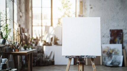 Poster - Bathed in warm sunlight, an art studio brims with artistic tools and supplies, while a blank canvas stands ready to welcome the artist's vision