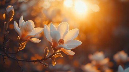 Aufkleber - Soft, warm sunlight filters through blooming magnolia flowers in a tranquil garden during a serene spring evening. The blossoms radiate beauty and peace as dusk approaches