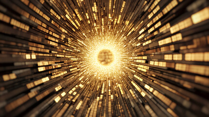 Poster - Golden light shining at the end of abstract data tunnel made of data blocks, perfect for technology and communication concepts
