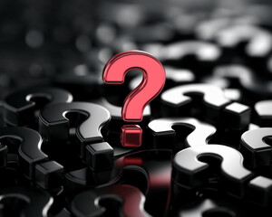 Poster - Red large question mark stands out among many black ones, symbolizing unique solution,  problem-solving, or finding answers amidst complexity