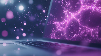 Poster - Glowing particles forming abstract shapes on a laptop screen, representing digital innovation and creativity