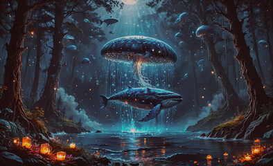 Aufkleber - Blue whale is swimming in a forest with a waterfall. The scene is illuminated by the moonlight and the water is lit up by candles