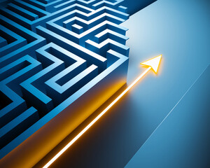 Poster - Blue maze with glowing orange arrow exiting, symbolizing problem-solving, strategic planning, and finding solutions.  Concept represents path to success, escape, and overcoming obstacles