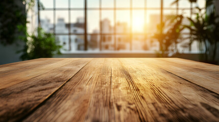 Poster - Wooden table top with blurred office background featuring plants and sunset light, ideal for product placement