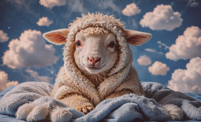 Poster - Baby sheep is wearing a fluffy coat and is laying on a blue blanket. The scene has a cozy and warm atmosphere, with the sheep looking content and comfortable