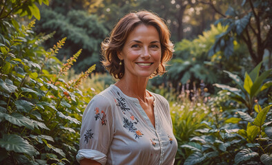 Poster - Woman is smiling in a lush green forest. She is wearing a floral dress and has a necklace on