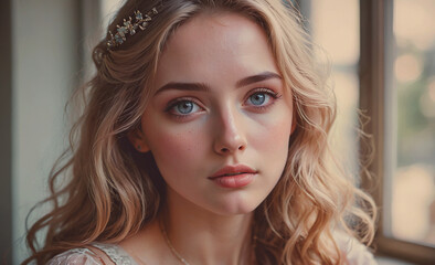Poster - Woman with blonde hair and blue eyes is wearing a headband. She has a pretty smile and is looking directly at the camera
