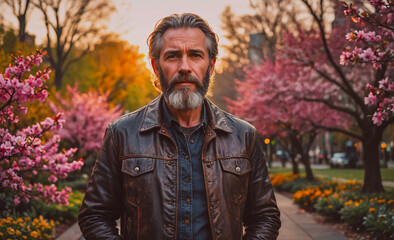 Poster - Man wearing a leather jacket stands in front of a tree with pink flowers. He has a beard and a mustache