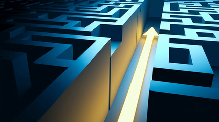 Poster - Illuminated arrow path through a blue maze, showcasing a solution or guide to success, representing problem-solving, strategic thinking and reaching goals