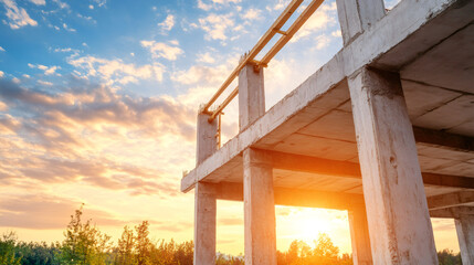 Poster - Building a new concrete house at sunset, showcasing a stunning orange sky and highlighting the beauty of architectural development