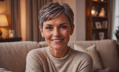 Poster - Woman with short gray hair is sitting on a couch and smiling. She is wearing a white sweater and a pearl necklace