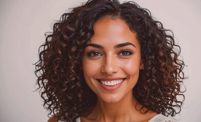 Poster - Woman with curly hair is smiling and looking at the camera. She has a bright and happy expression on her face