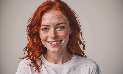 Poster - Woman with red hair and blue eyes is smiling. She is wearing a white shirt with a pattern on it