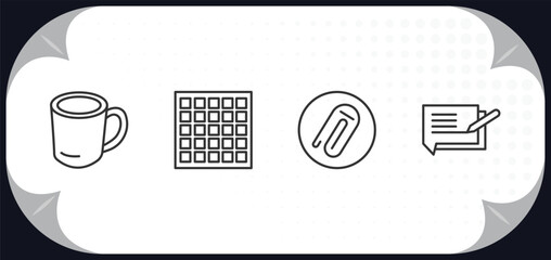 Poster - outline icons set - ultimate glyphicons concept. big cup, square grid, attach rotated, writing message.