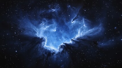 Poster - A breathtaking display of blue hues captures a swirling formation of gas and dust, revealing the vastness of the cosmos. Stars twinkle in the dark expanse, creating a mesmerizing spectacle