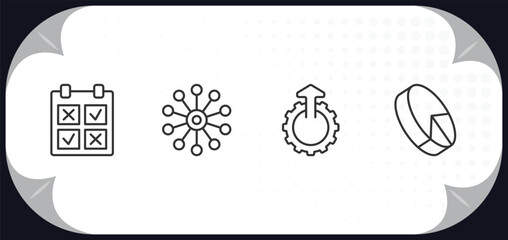 Poster - outline icons set - user interface concept. comparision table, data analytics wheel, upload up, 3d pie chart.