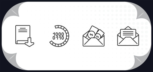 Poster - outline icons set - user interface concept. download ebook, binary code loading, dollars in a mail, open mail.