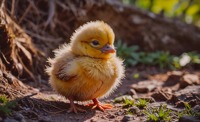 Poster - Baby chick is standing on the ground with its head up. The chick is small and fluffy, and it is looking up at something. Concept of innocence and curiosity