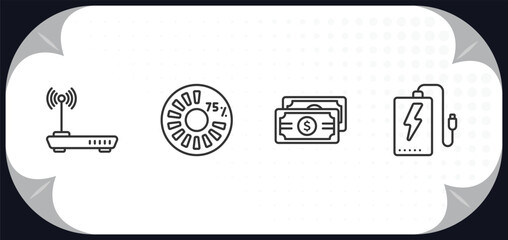 Poster - outline icons set - user interface concept. internet modem, round loading progress, dollar bills stack, power bank.