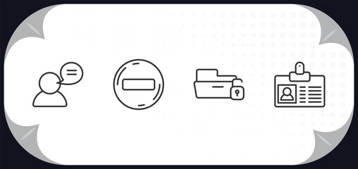 Poster - outline icons set - user interface concept. user with speech bubble, remove round button, unlock folder, personal credentials.