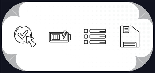 Poster - outline icons set - user interface concept. check box with cursor, battery loaded, list button, floppy disk save button.