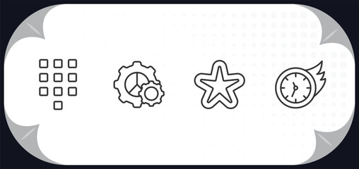 Poster - outline icons set - user interface concept. telephone keypad, tings cog, rounded point star, past.