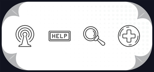 Poster - outline icons set - user interface concept. connection, help web button, glass material, round add button.