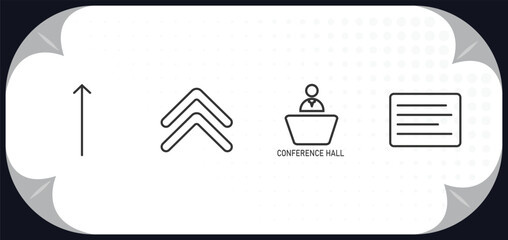 Poster - outline icons set - user interface concept. slim up, up chevron, conference hall, left side alignment.
